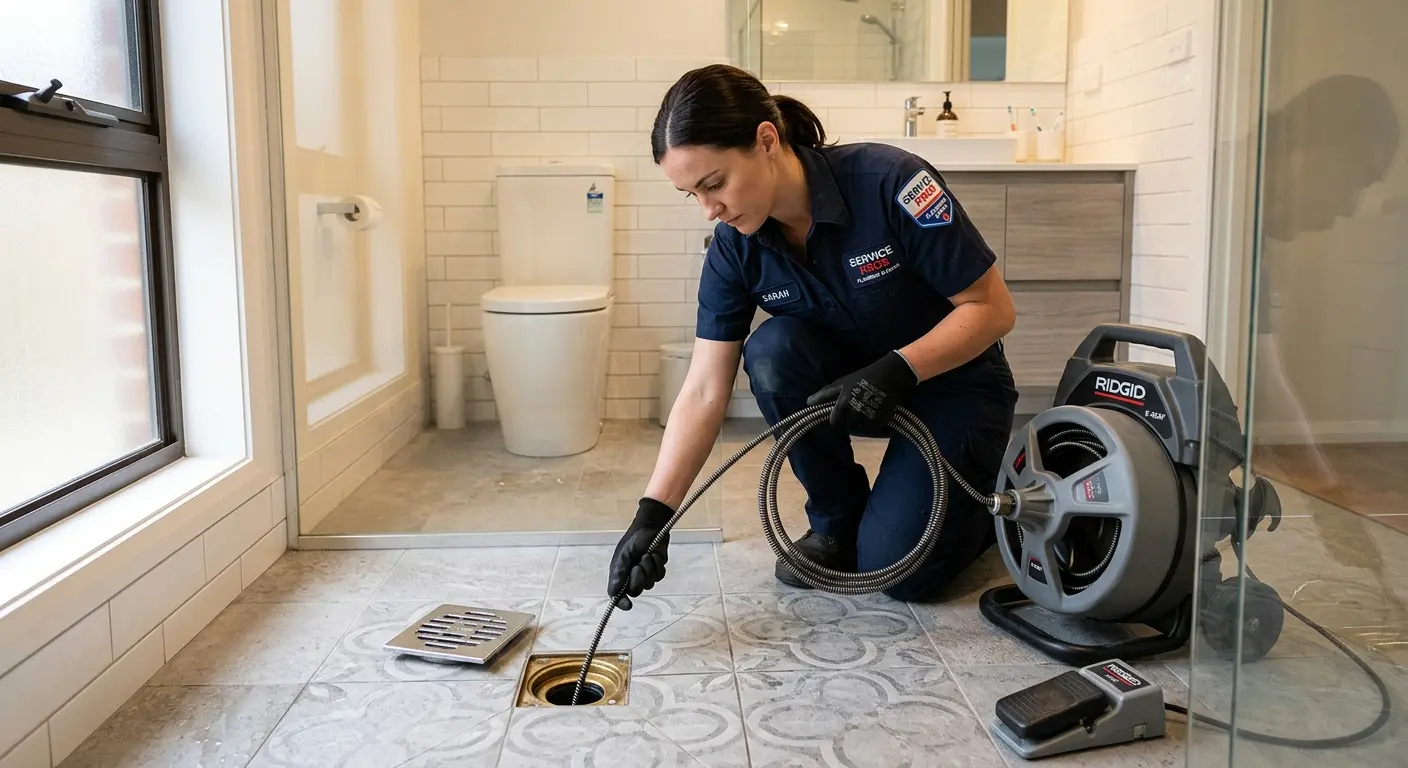 Technician clearing a bathroom floor drain for Sewer Line Installation in Harrison